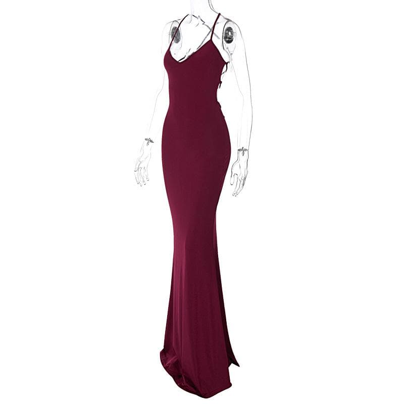 Ruched solid backless cross back v neck lace up maxi dress - View 8