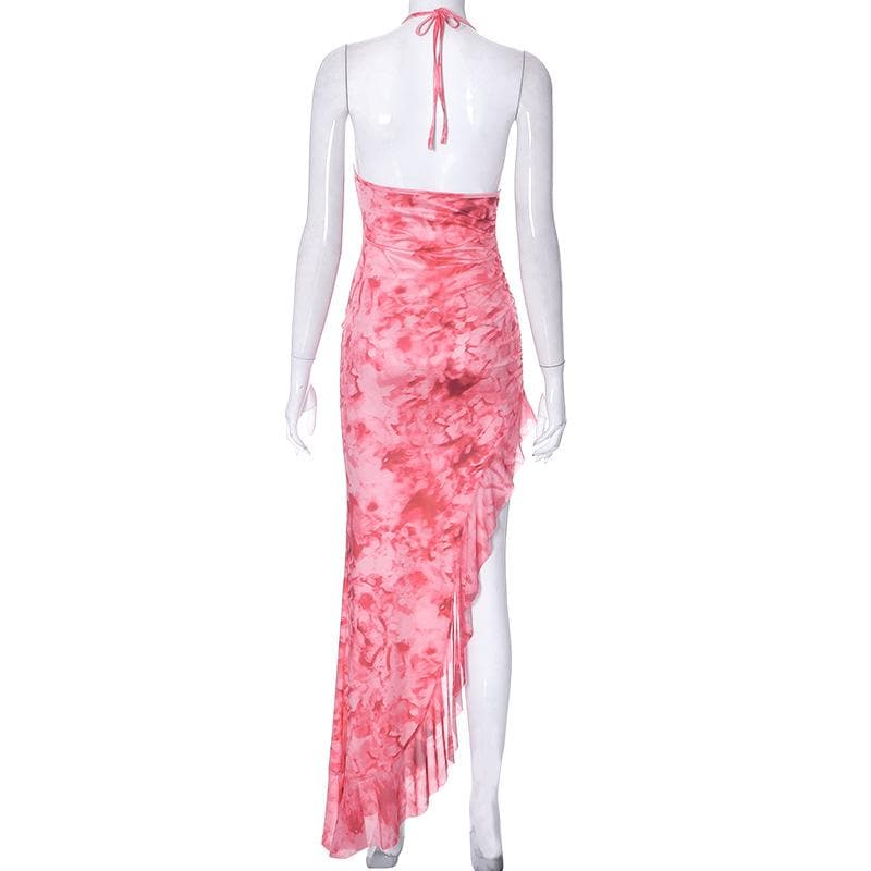 Mesh tie dye irregular contrast halter backless ruched maxi dress - View 4