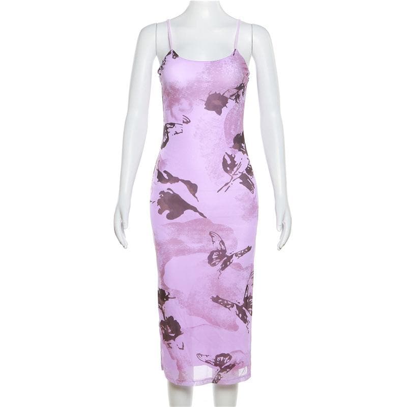 Mesh butterfly pattern slit backless contrast cami midi dress - View 8