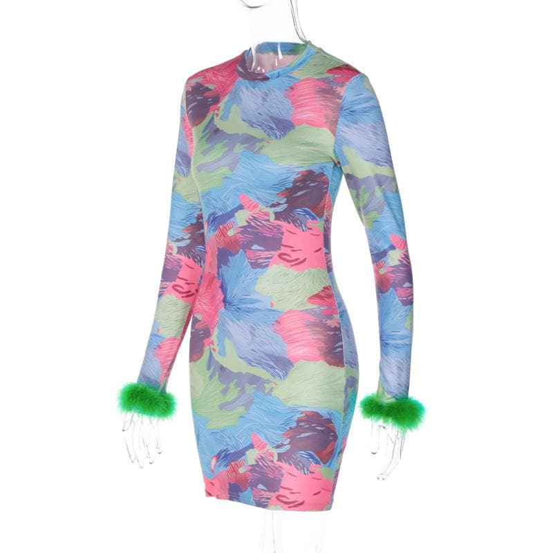 Feather crewneck contrast print long sleeve mini dress - View 3