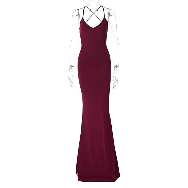 Ruched solid backless cross back v neck lace up maxi dress - View 2