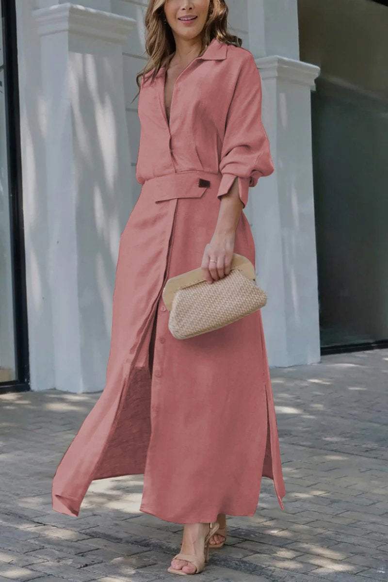 Collared Button Front Belted Long Sleeve Maxi Shirt Dress 7