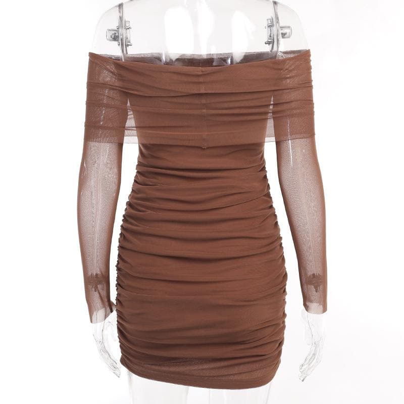 Mesh off shoulder solid long sleeve ruched mini dress - View 6