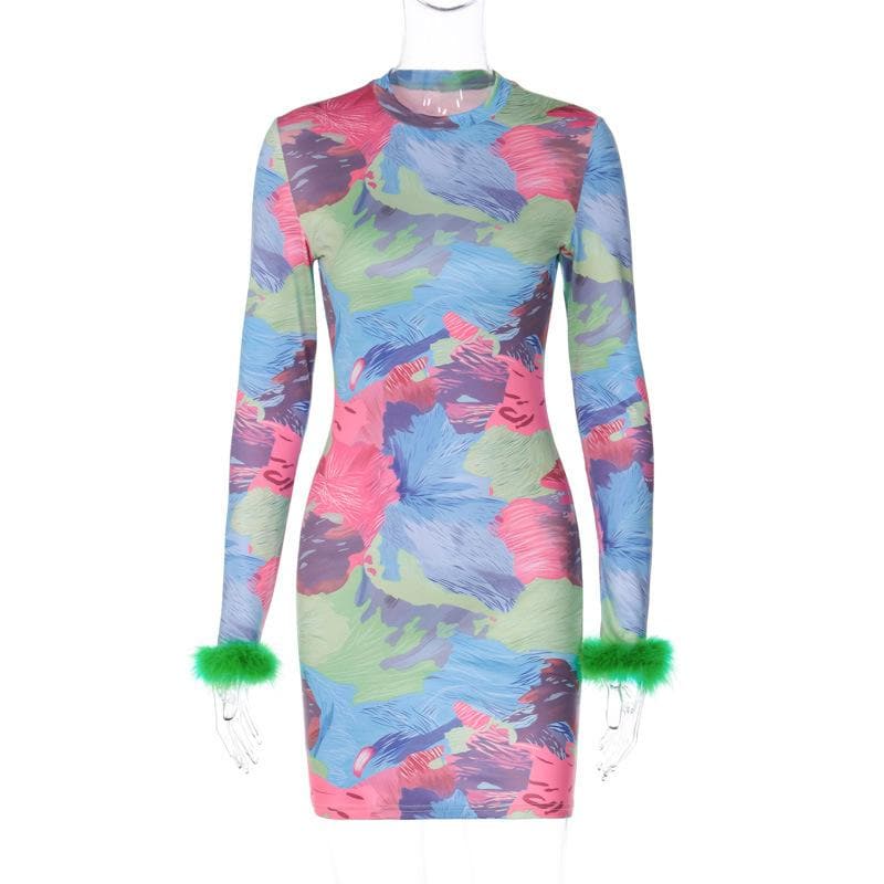 Feather crewneck contrast print long sleeve mini dress - View 8