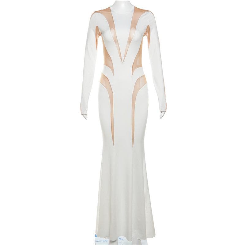 Crewneck long sleeve mesh patchwork maxi dress - View 5