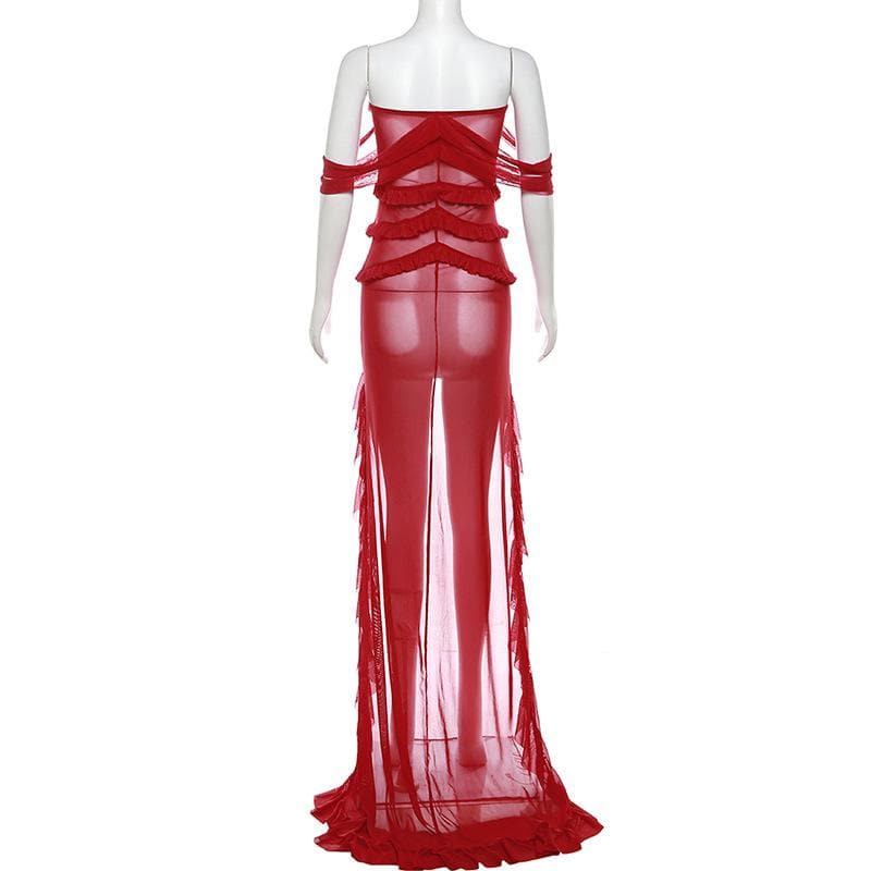 Off Shoulder Ruffle Sheer Mesh Flower Applique Maxi Dress - View 4