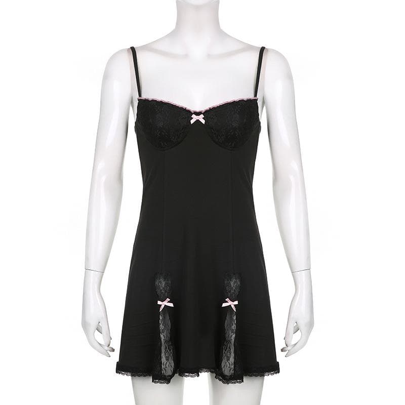 Low cut bowknot lace ruffled cami A line dress - View 4