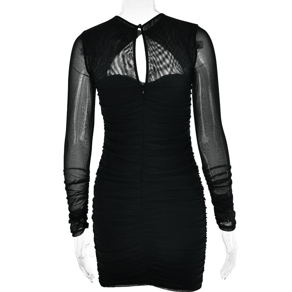 Hollow out ruched mesh long sleeve zip-up button mini dress - View 6