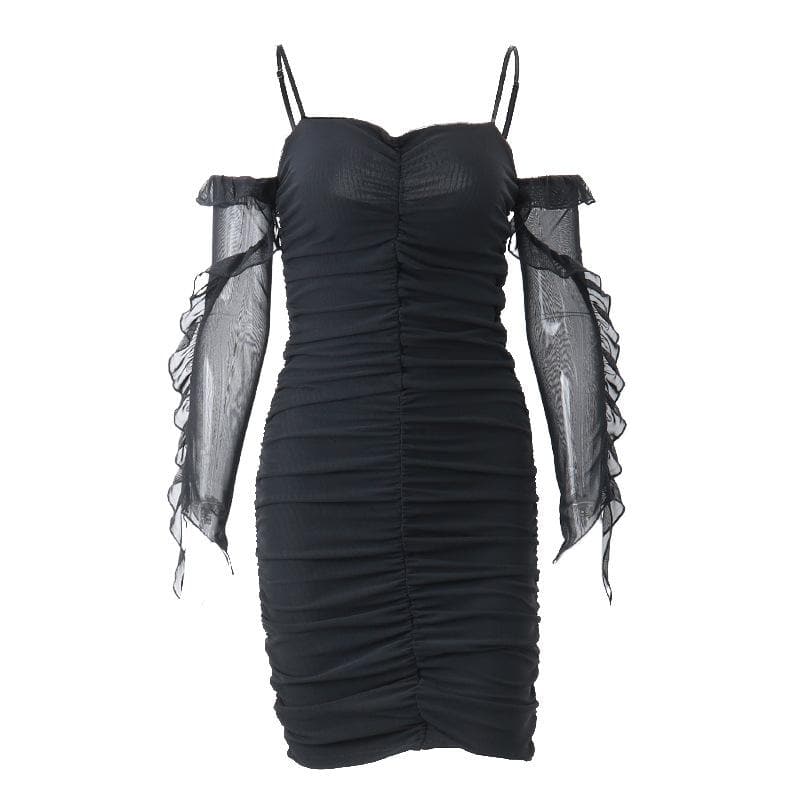 Solid ruched backless ruffle mesh mini dress - View 4