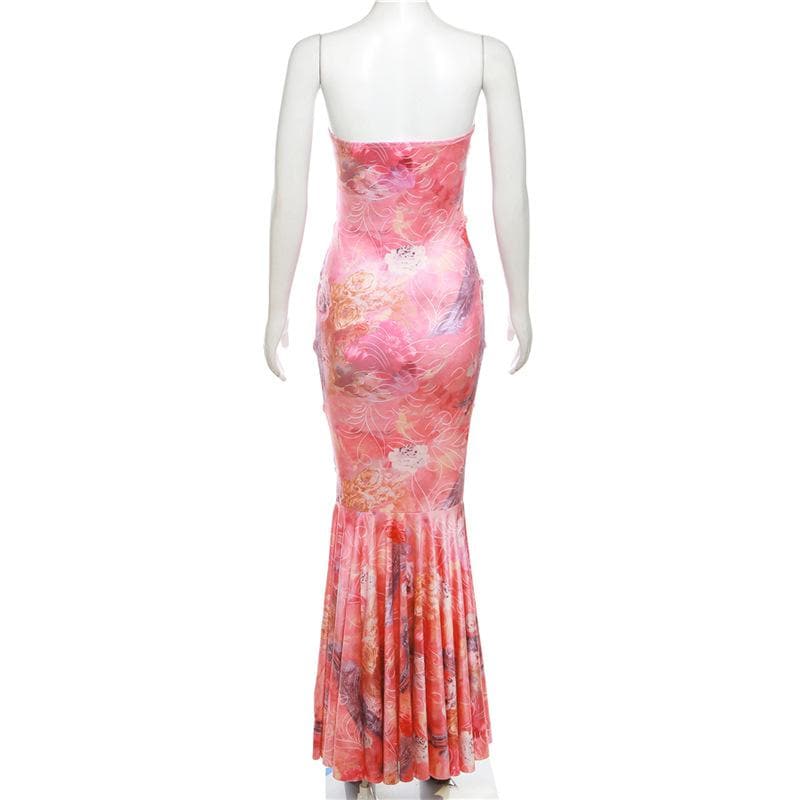 Lace up flower print contrast backless tube maxi dress - View 3