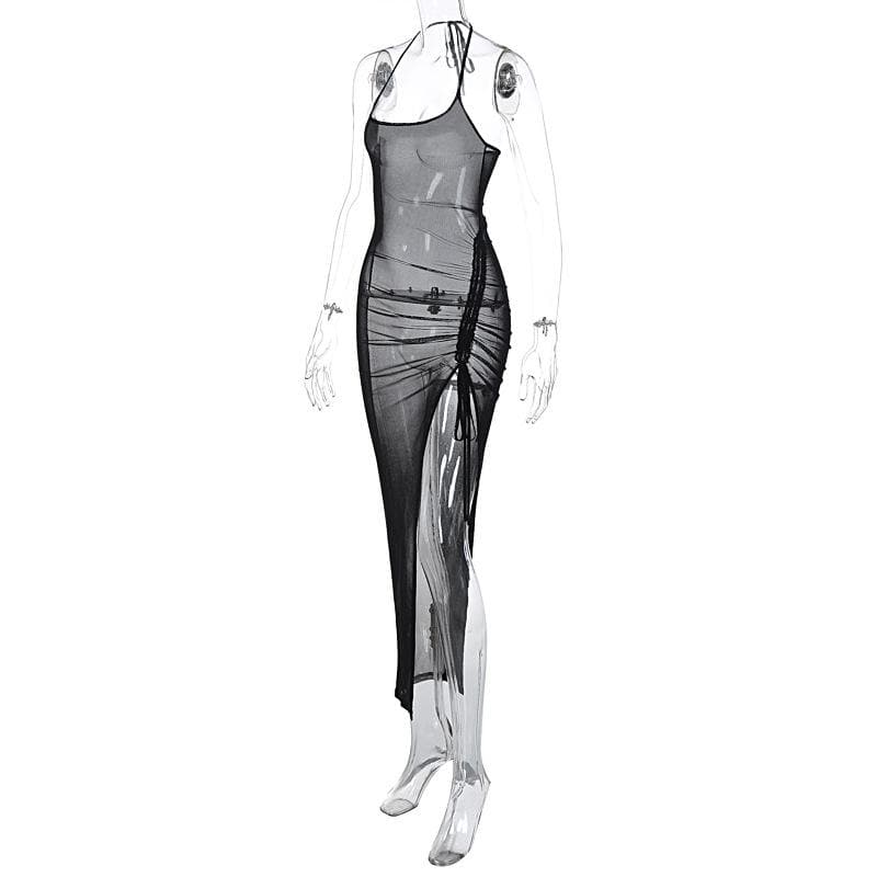 Halter drawstring sheer mesh see through slit backless maxi dress - View 4