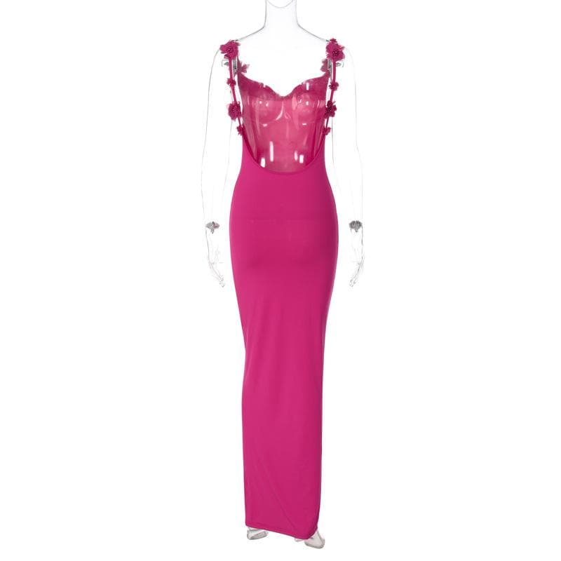 Flower applique cowl neck backless solid maxi dress - View 5