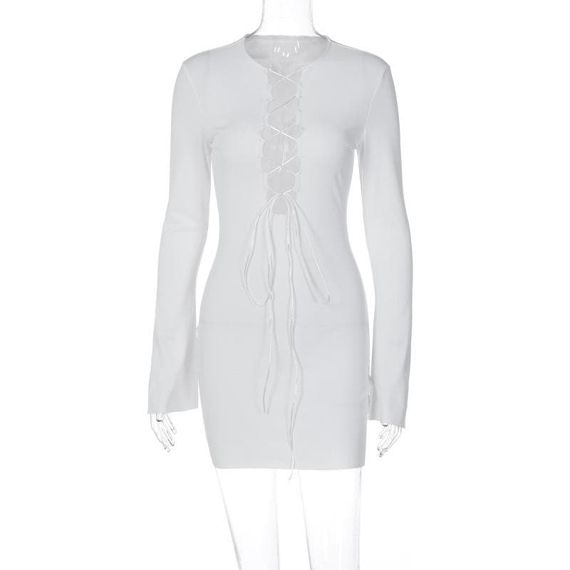 Lace up solid long sleeve ribbed self tie mini dress - View 4