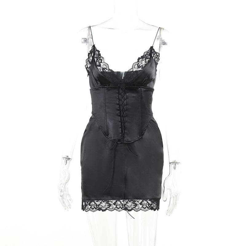 Satin V-Neck Lace Trim Lace Up Corset Mini Dress - View 8