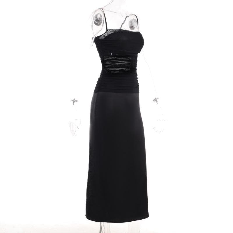Mesh patchwork zip-up solid backless ruched cami midi dress - View 3