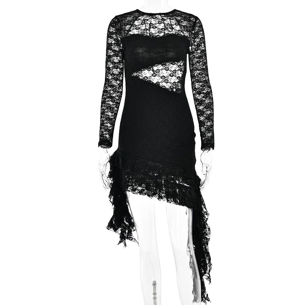 Lace backless solid ruffle long sleeve irregular mini dress - View 3