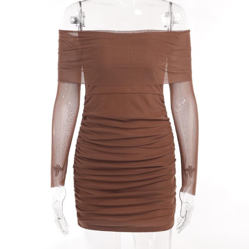Mesh off shoulder solid long sleeve ruched mini dress - View 5
