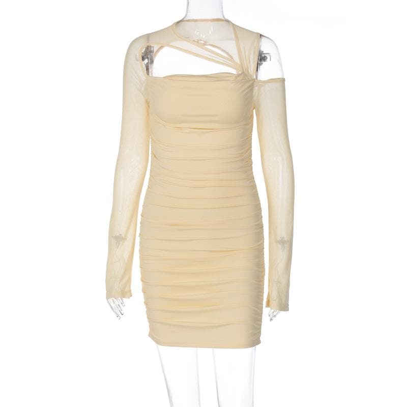 Ruched irregular mesh hollow out long sleeve mini dress - View 2