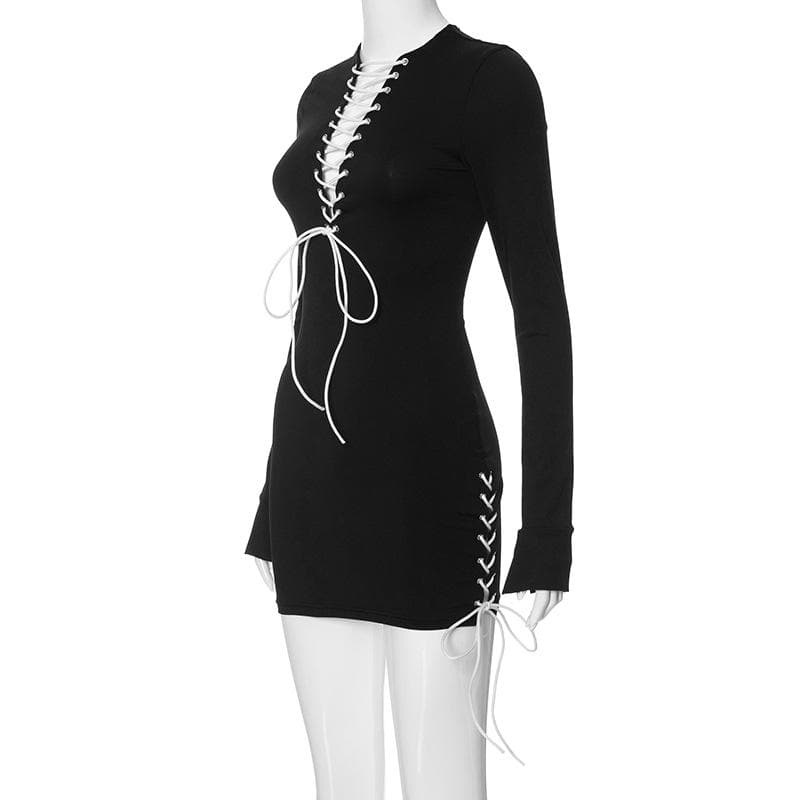 Lace up contrast long sleeve irregular crewneck mini dress - View 7