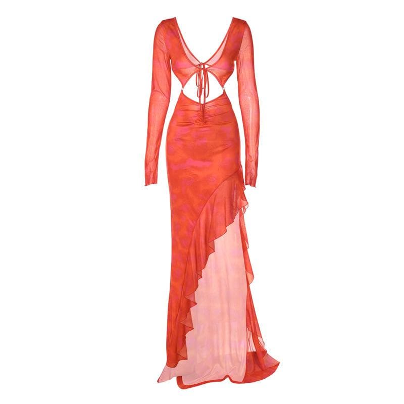 Long sleeve solid mesh slit v neck ruffle hollow out maxi dress - View 2