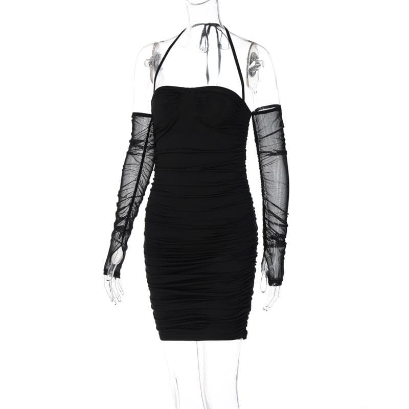 Mesh Glove Halter Neck Ruched Bodycon Mini Dress - View 4