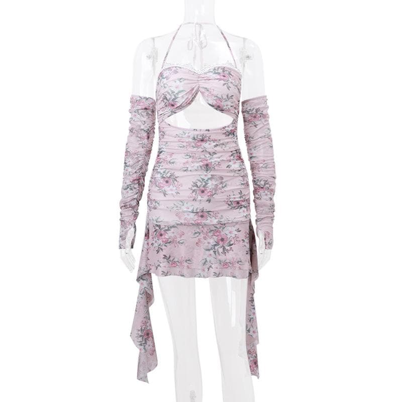 Floral Halter Neck Lace Trim Cut Out Ruched Ruffle Mini Dress - View 8