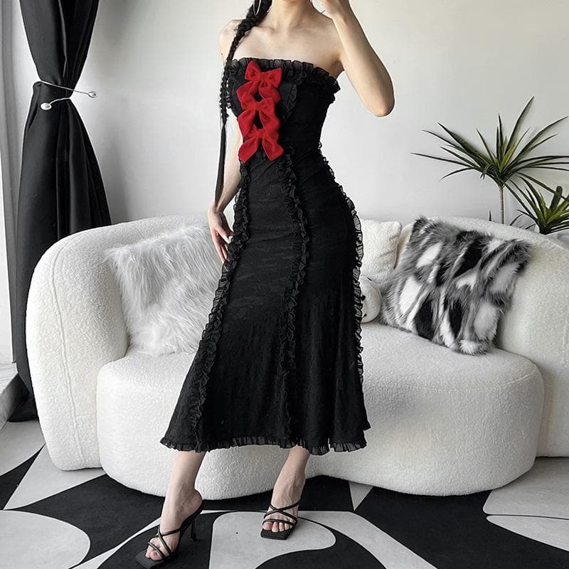 Lace contrast bowknot zip-up ruffle backless tube maxi dress - View 3