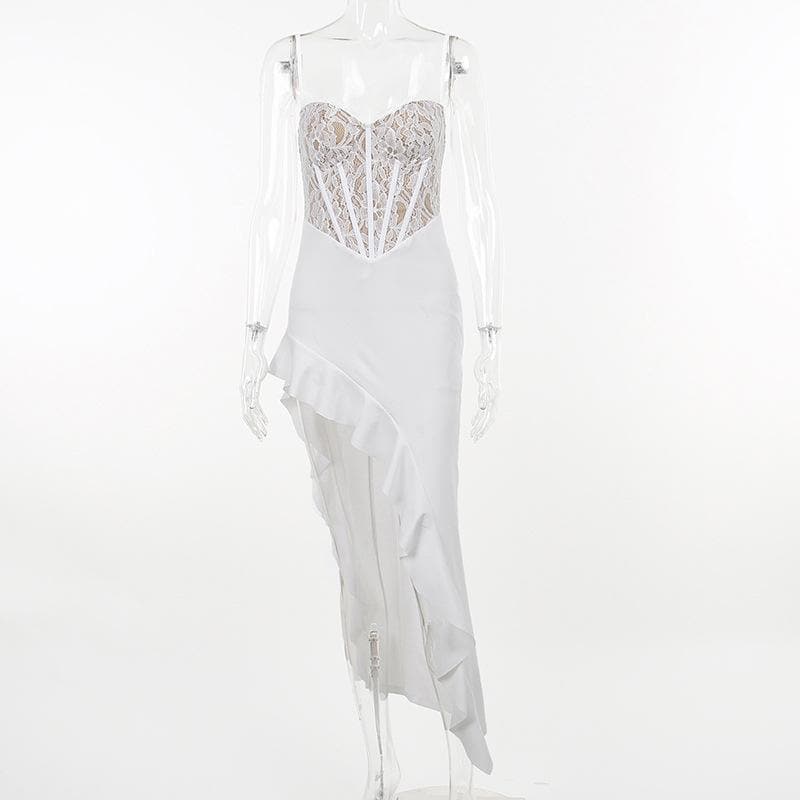 Lace contrast corset sweetheart neck ruffle irregular cami maxi dress - View 8
