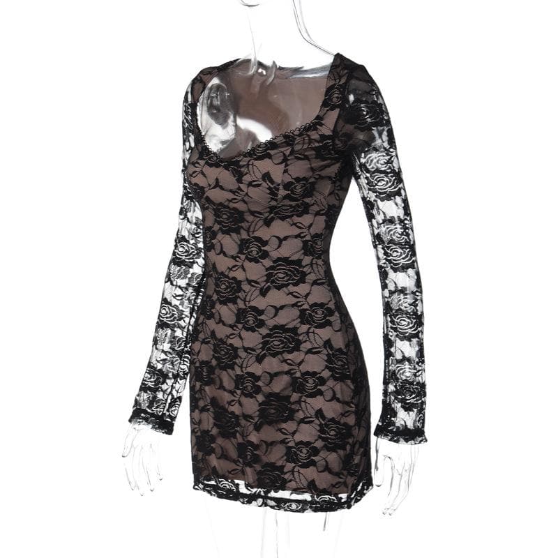 Long sleeve v neck lace contrast patchwork mini dress - View 3
