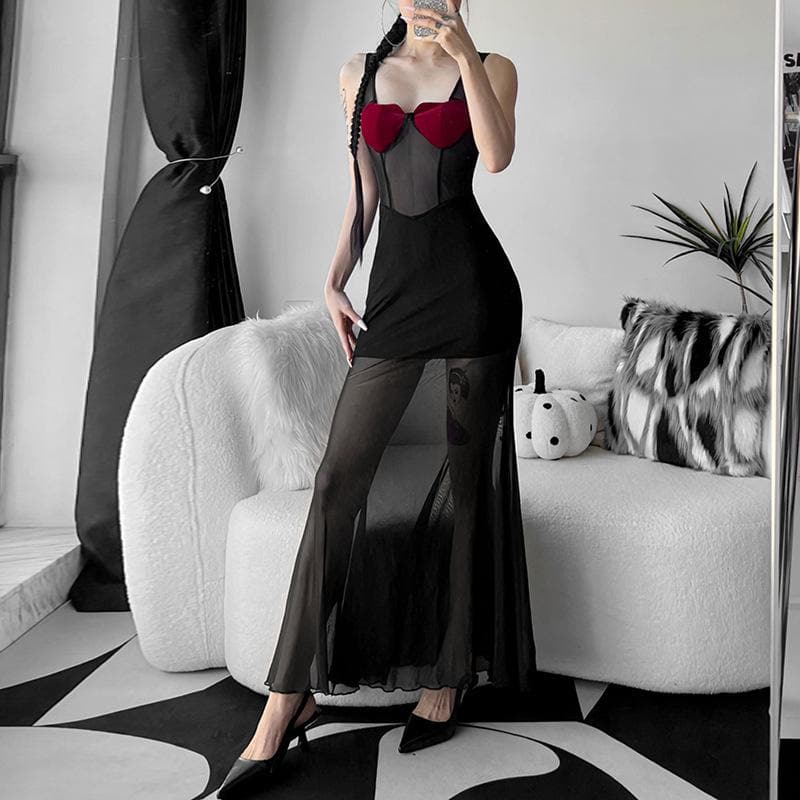 Heart patchwork mesh contrast sleeveless backless maxi dress - View 3