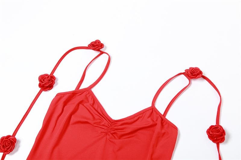 Flower applique backless solid v neck ribbon cami maxi dress - View 5