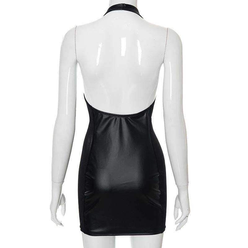 Lace up mesh PU leather patchwork halter dress - View 3