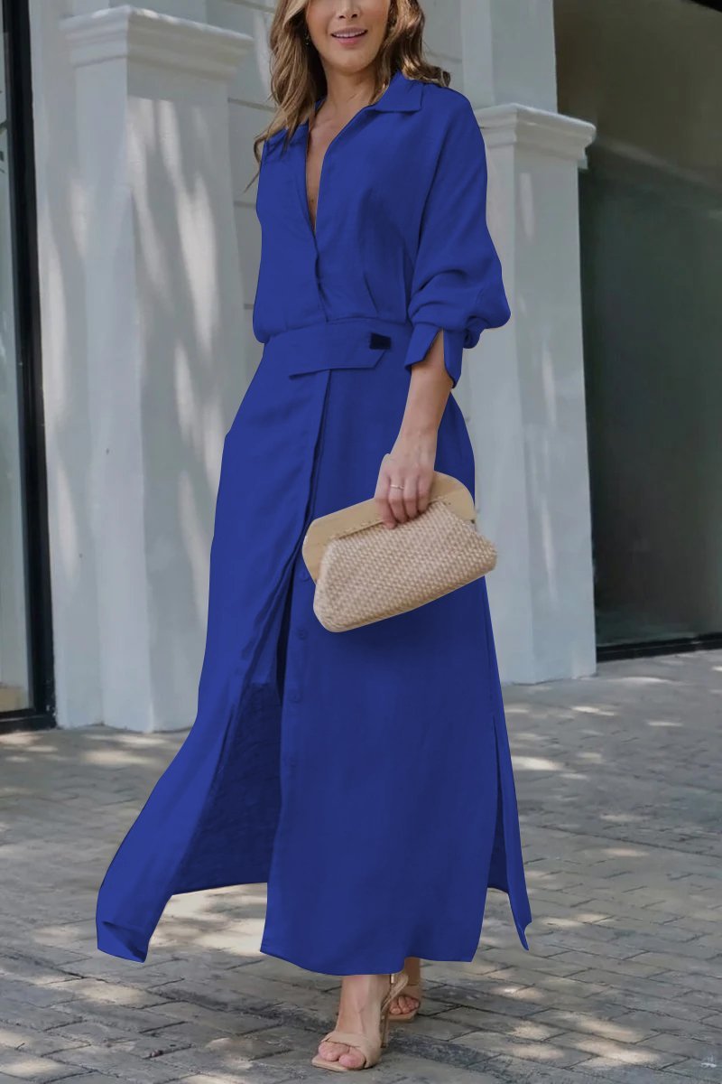 Collared Button Front Belted Long Sleeve Maxi Shirt Dress 5