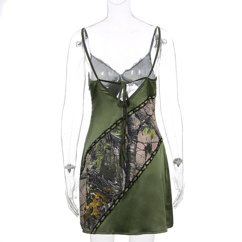 Lace Trim Forest Print Patchwork Spaghetti Strap Bodycon Mini Dress - View 5