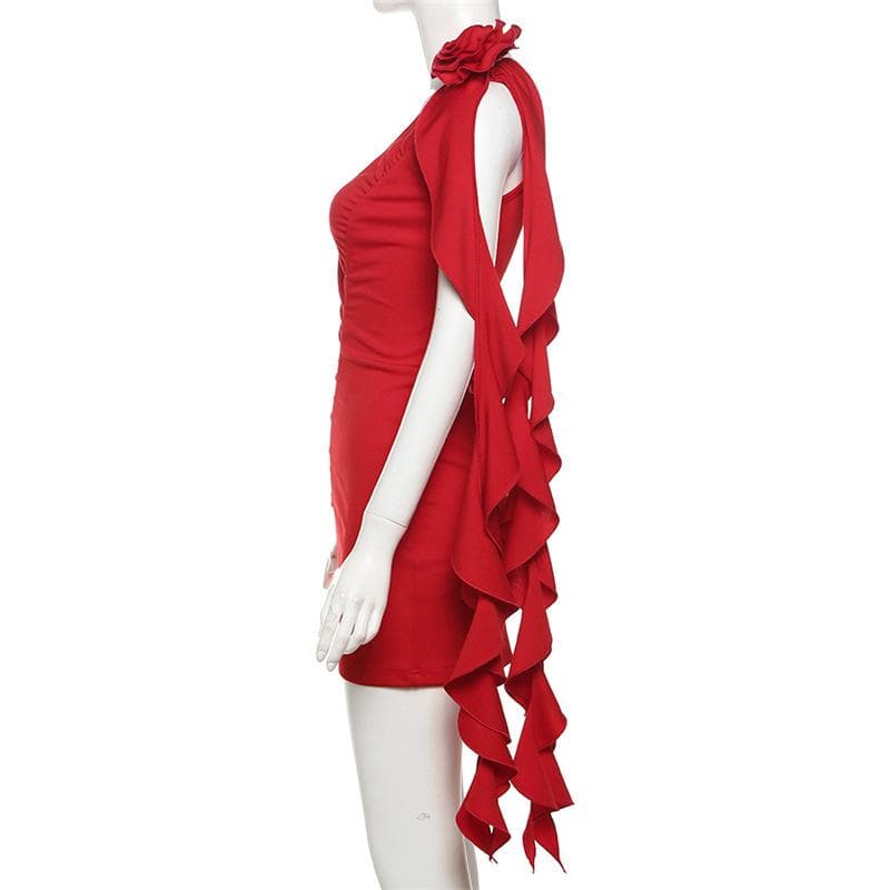 One Shoulder Ruched Flower Applique Ruffle Backless Bodycon Mini Dress - View 7
