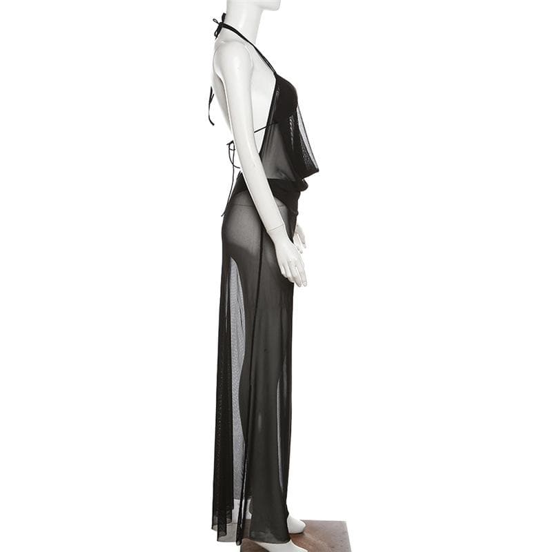 Ruched sheer mesh solid halter self tie backless 3 piece maxi dress - View 3