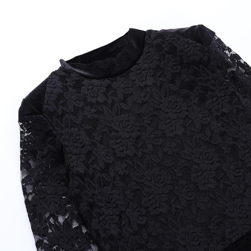 Lace solid see through long sleeve furry mini dress - View 4