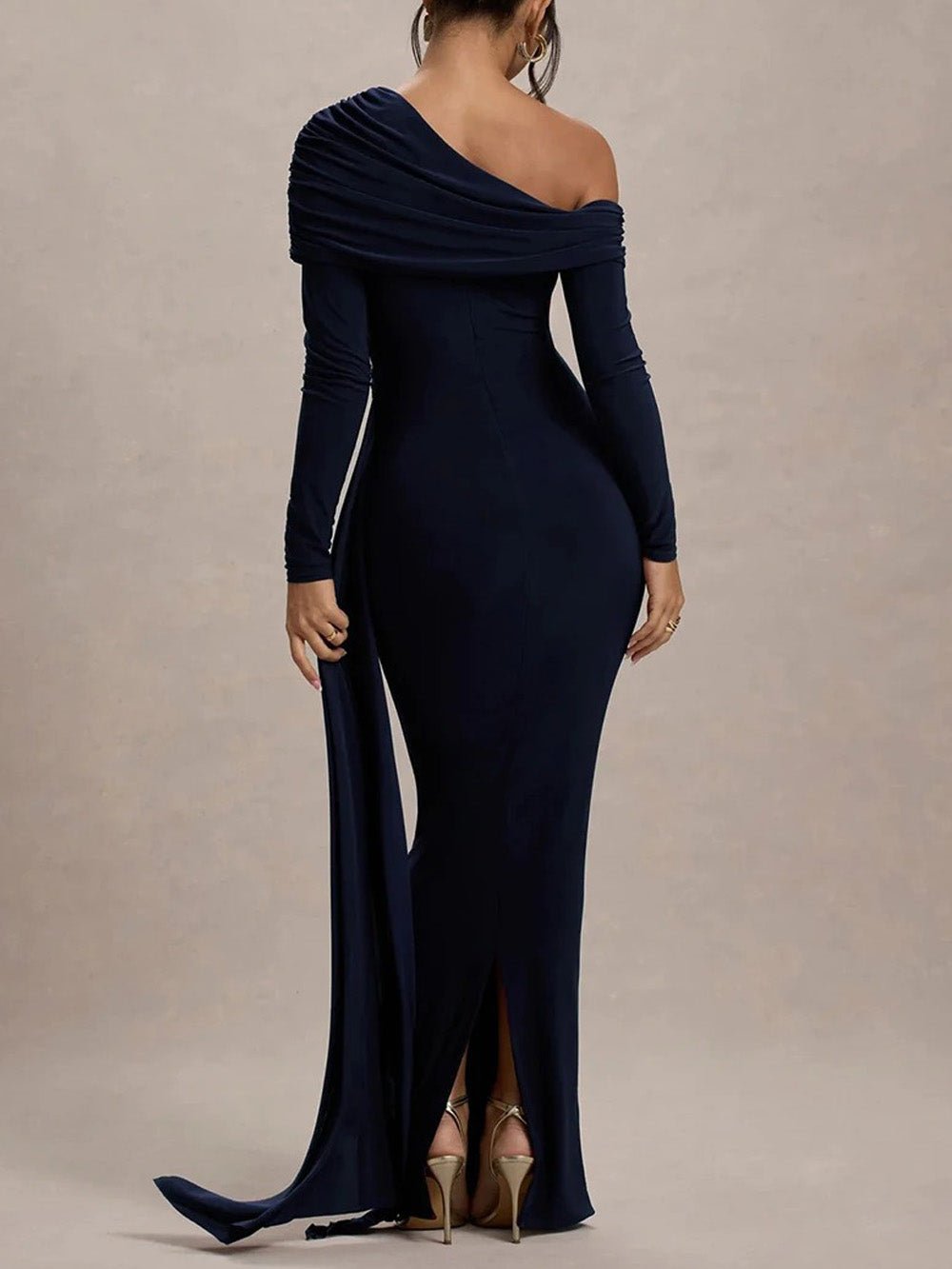 One Shoulder Long Sleeve Ruched Draped Bodycon Maxi Gown in Blue - View 2