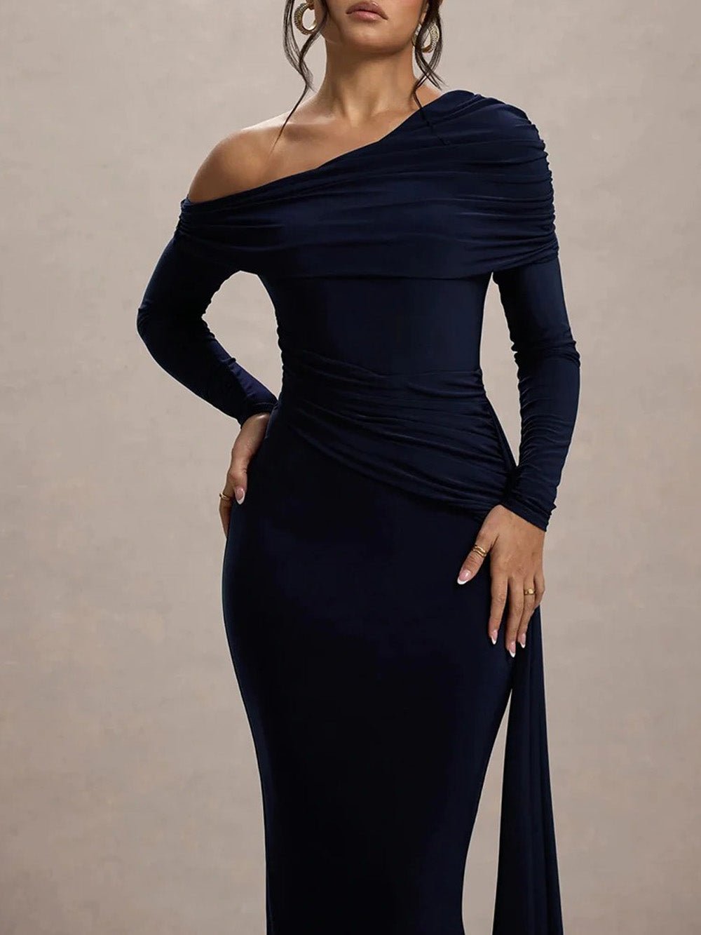 One Shoulder Long Sleeve Ruched Draped Bodycon Maxi Gown in Blue - View 3