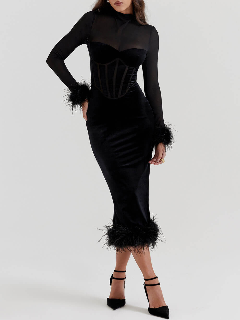 Elegance in Velvet Black Velvet Midi Dress - View 5