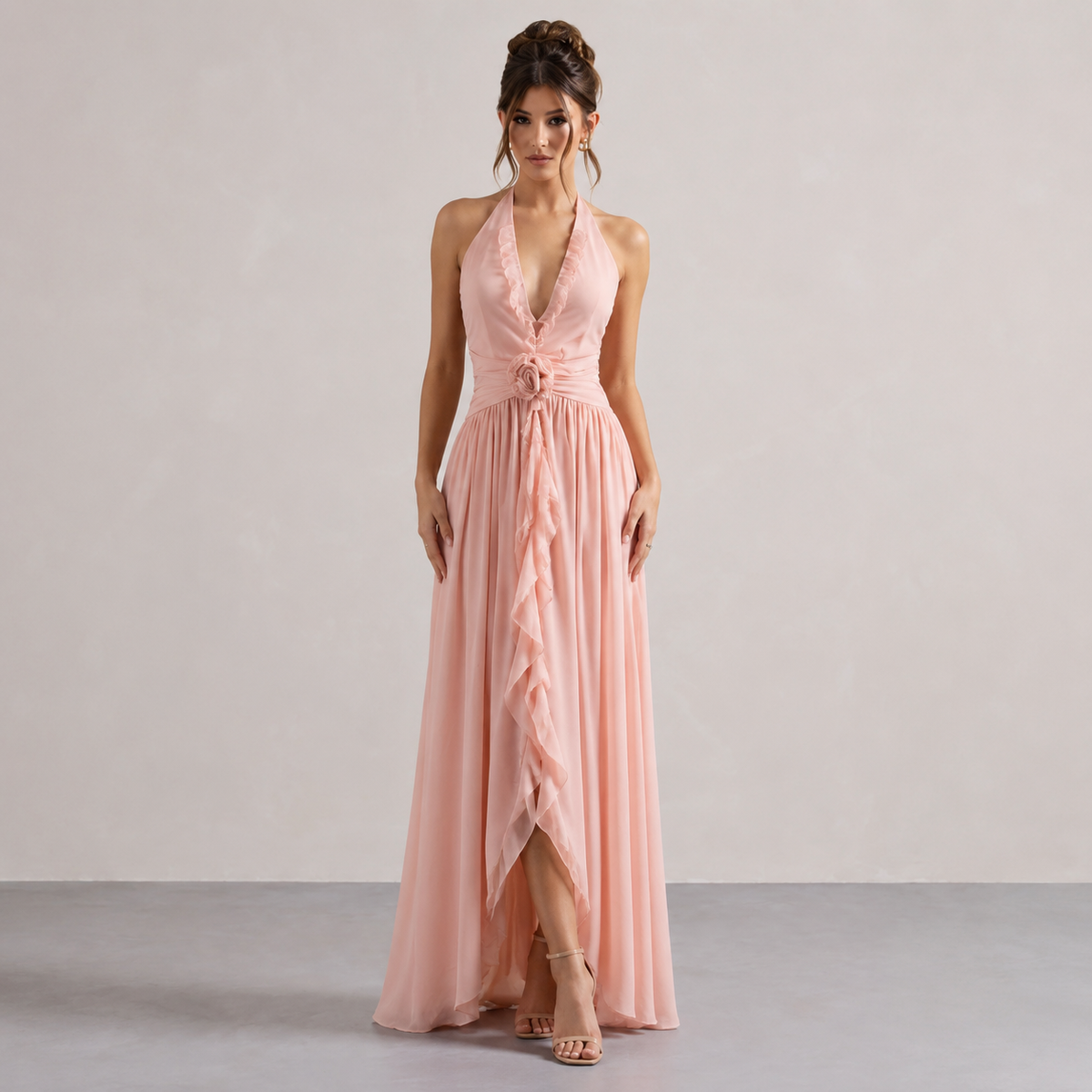 Ruffle Halter Deep V-Neck Rosette High Low Chiffon Maxi Dress 7
