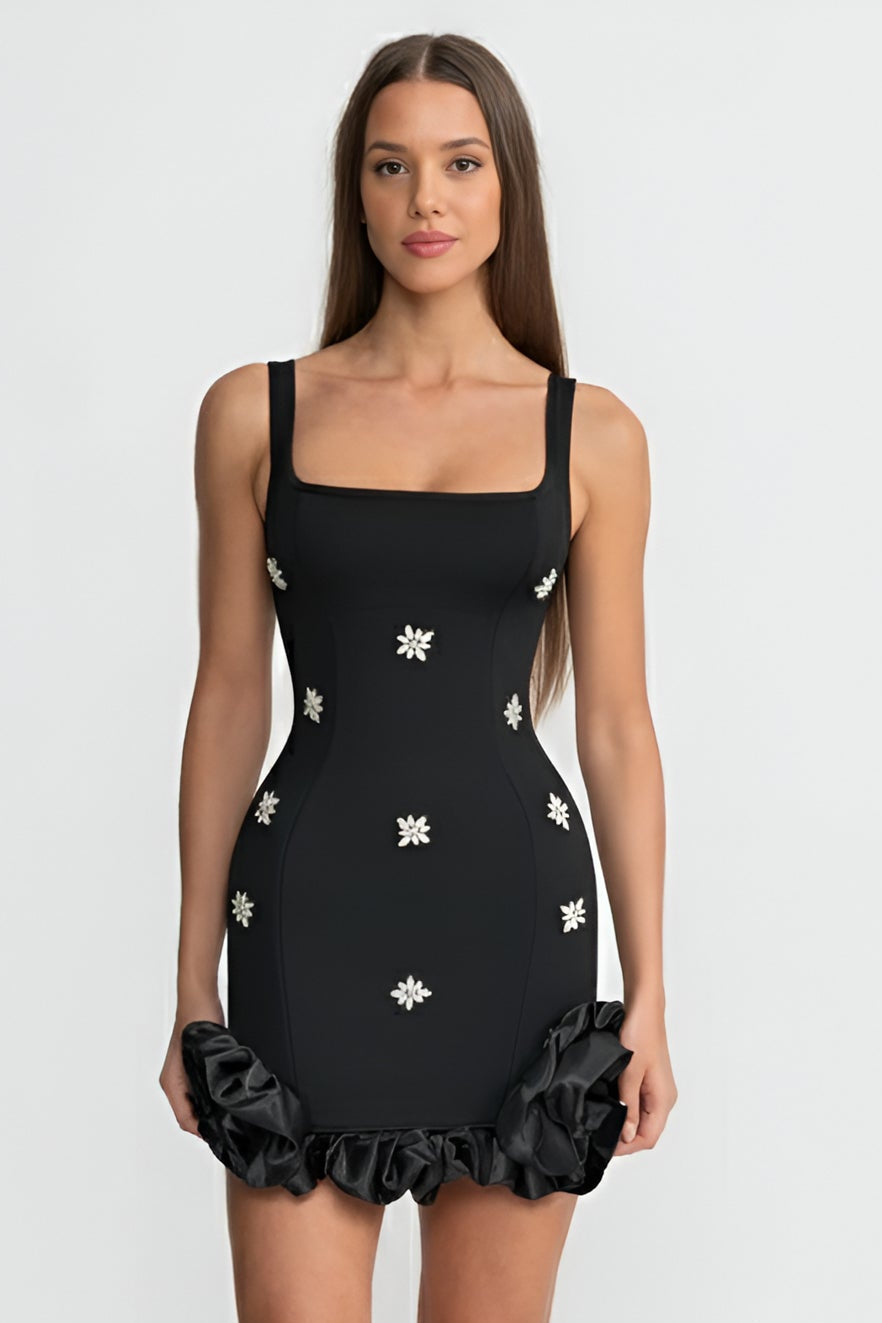 Embellished Bodycon Mini Dress With Crystal Flowers – Black