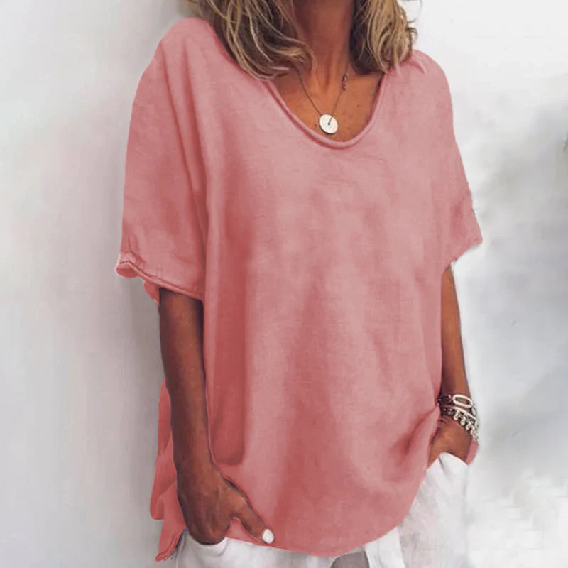 V-Neck Short Sleeve Loose Linen Look Top
