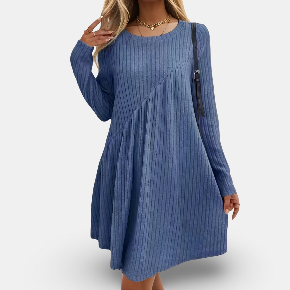 Ribbed Knit Long Sleeve Crew Neck Asymmetric Seam Flare Mini Dress - View 9