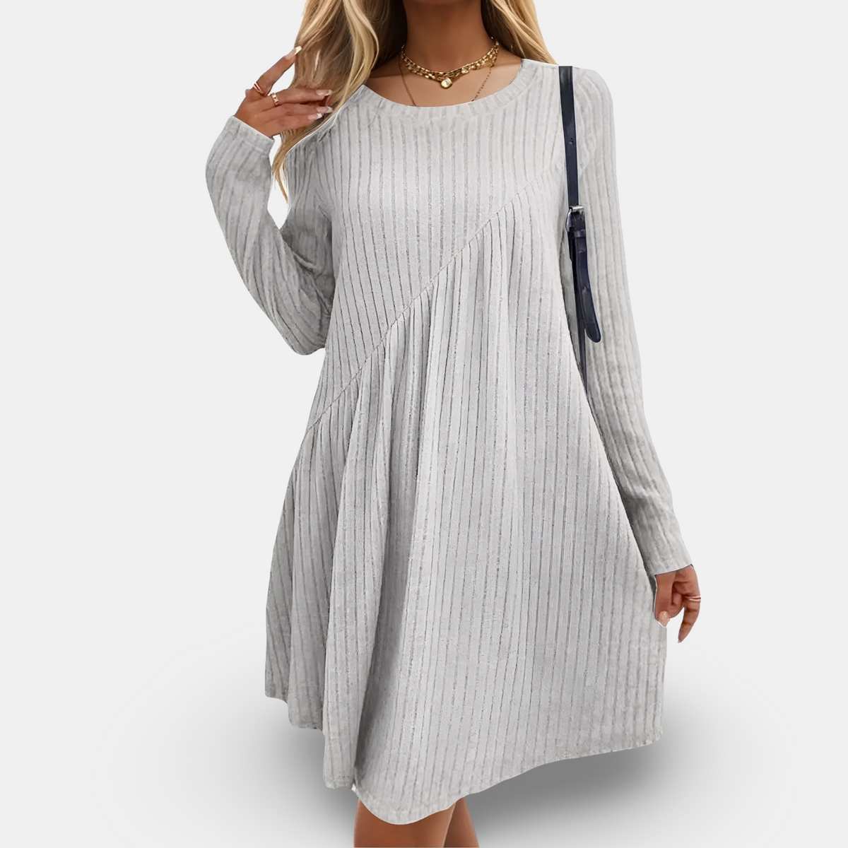 Ribbed Knit Long Sleeve Crew Neck Asymmetric Seam Flare Mini Dress - View 6