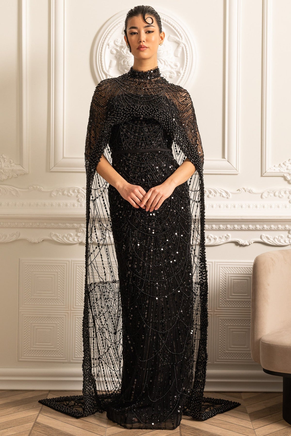 Mock Neck Beaded Pearl Mesh Cape Overlay Column Maxi Gown
