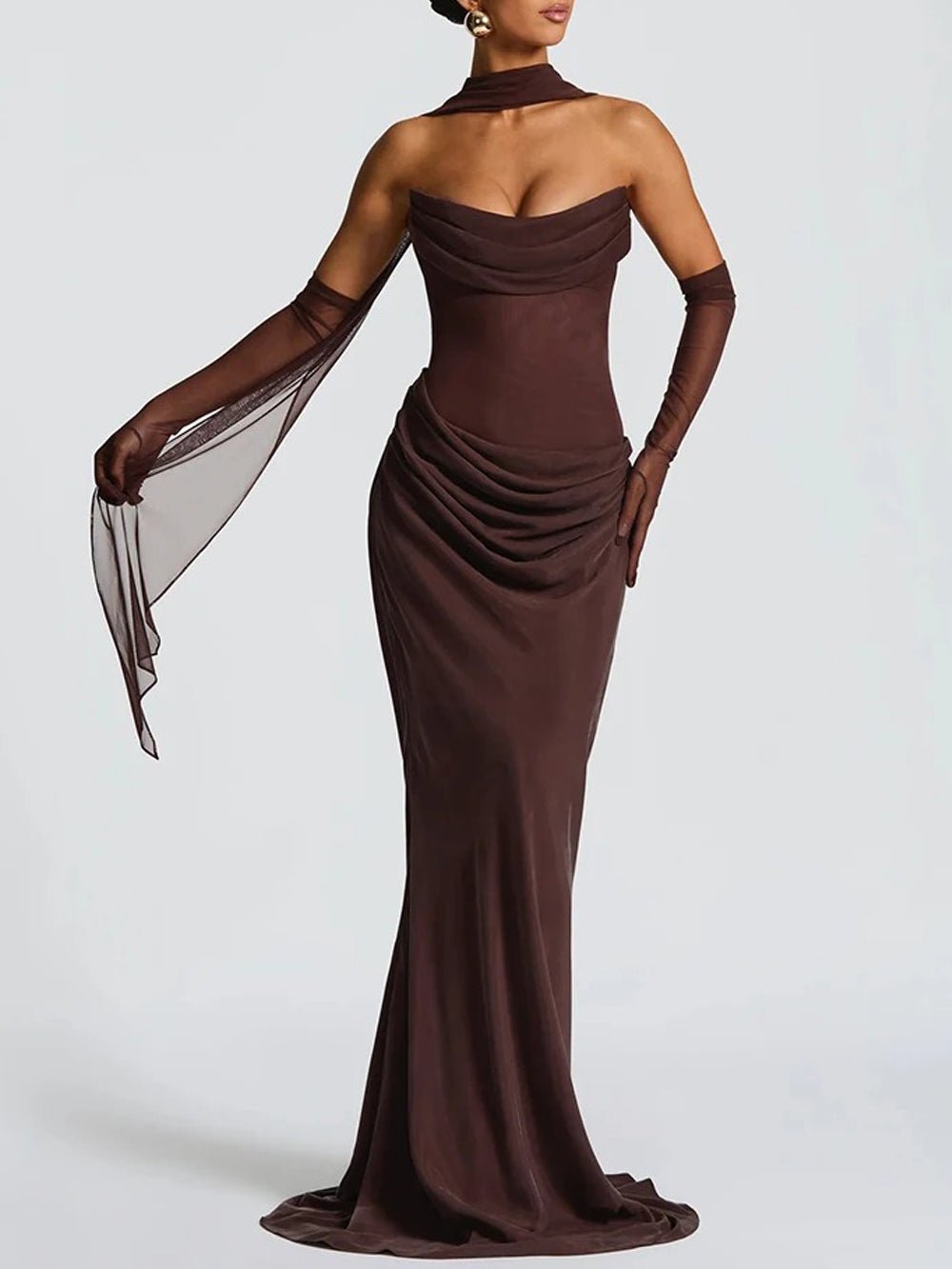 Malena Strapless Draped Maxi Gown in Brown