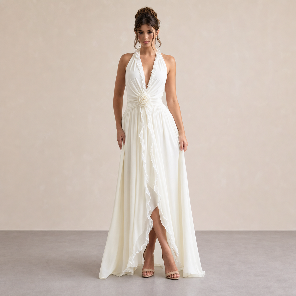 Ruffle Halter Deep V-Neck Rosette High Low Chiffon Maxi Dress 4