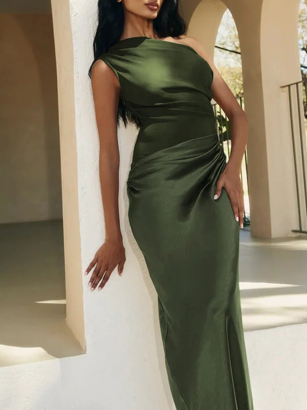 Satin One Shoulder Ruched Mermaid Maxi Gown - View 2