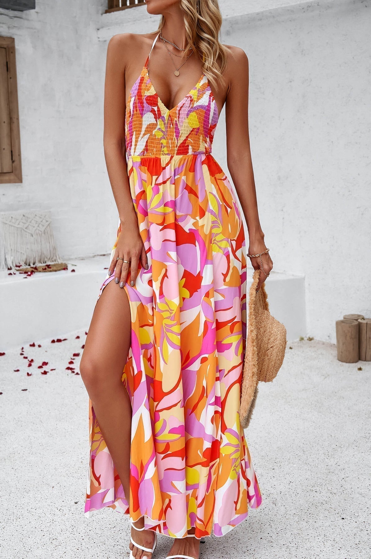 Halter Neck V-Neck Smocked Floral High Split Maxi Dress - View 4